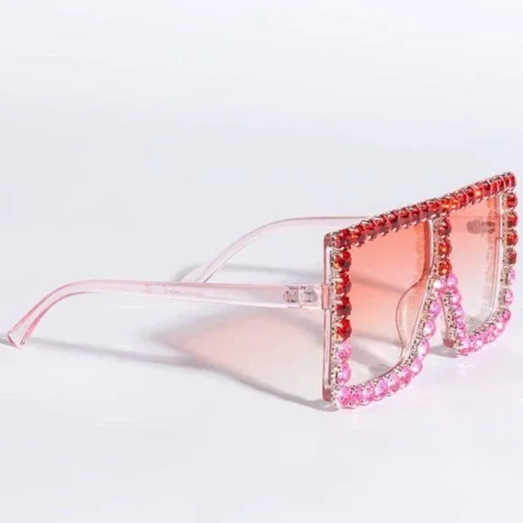 Stasia Sweet Valentine Rose Red Pink Ombre Oversized Rhinestone Sunnies - Picture 2 of 3